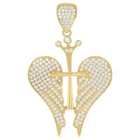 "10K Gelbgold Vereist Aus Cz 1.85 \" ReligiöS AnhäNger Kreuz W / FlüGel & Krone"