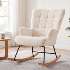 Nursery Glider Rocking Chair Teddy Fabric Solid Wood Base