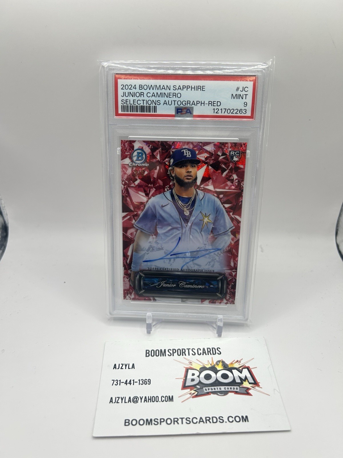 Junior Caminero 2024 Bowman Sapphire Selections Red Sapphire Auto /5 PSA 9