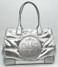 Tory Burch Silver Metallic Puffer Tote Bag Large Ella Tote Shoulder Bag