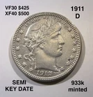 1911-D Barber Quarter VF / XF Details