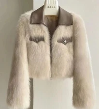 Fury crop jacket faux fur with faux leather details crop elegant beige tan brown