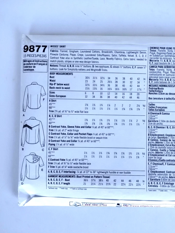 9877 Simplicity Sewing Pattern Misses Western Top Shirt Uncut Sz 6-12 Vintage - Image 2 of 4