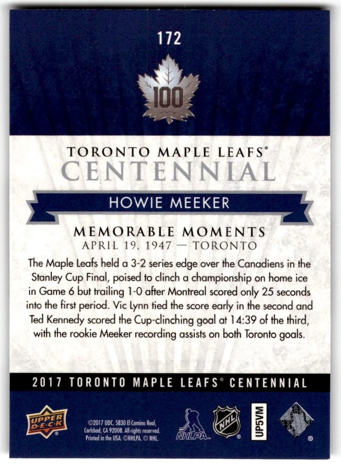 Howie Meeker 2017-18 Upper Deck Toronto Maple Leafs Centennial SP #172 - Image 2 of 2