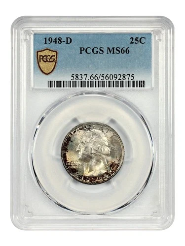 1948 WASHINGTON SILVER QUARTER GEM PCGS Gold MS66 Philadelphia Mint TONING USA