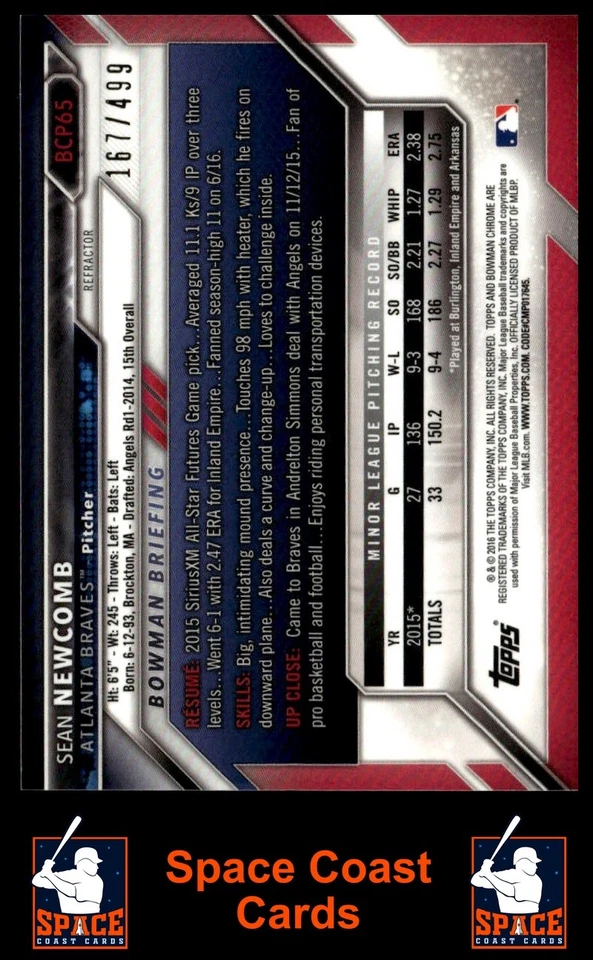 2016 Bowman #BCP65 Sean Newcomb Chrome Prospects Refractor #/499 - Image 2 of 2
