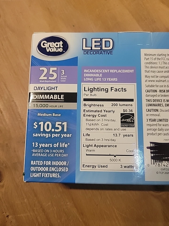 Great Value 4Pk Daylight Med Base B10 Bulbs. 25W/3W Dimmable/Clear/Decorative - Image 4 of 4
