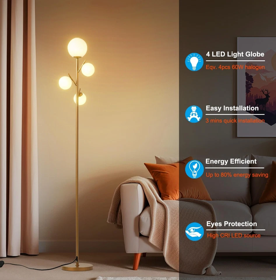 4 Globe Gold Floor Lamp, Modern Sputnik Tree Standing Lamp with Frosted Glass... - Image 2 of 4