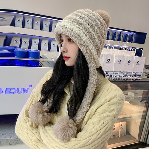 Damen Fleece Bommelmütze mit Ohrenklappe Bommelmütze Strickmütze warm Winter - Bild 5 von 10