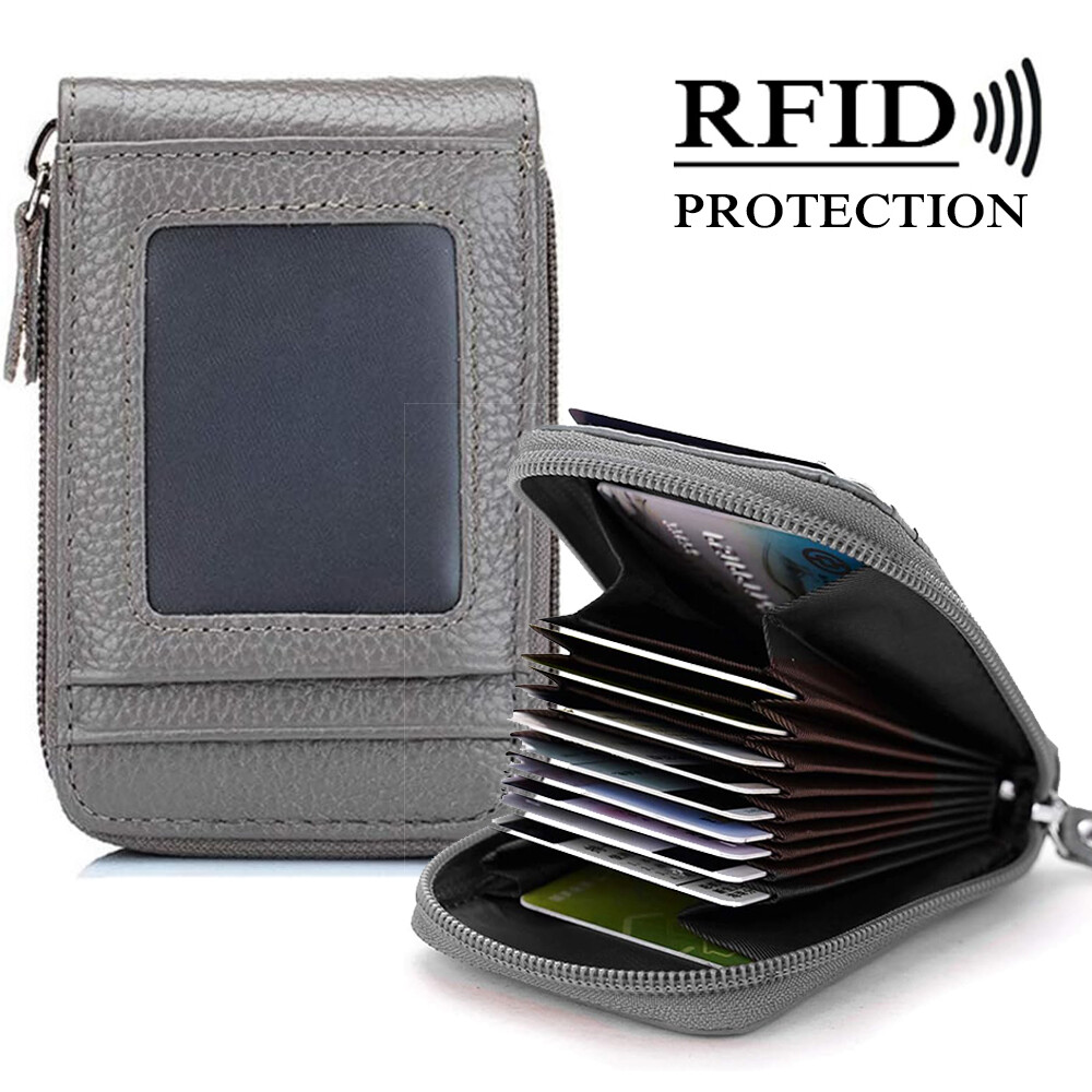 Women Men Leather Wallet ID Credit Card Holder RFID-Blocking Zipper Purse Pocket