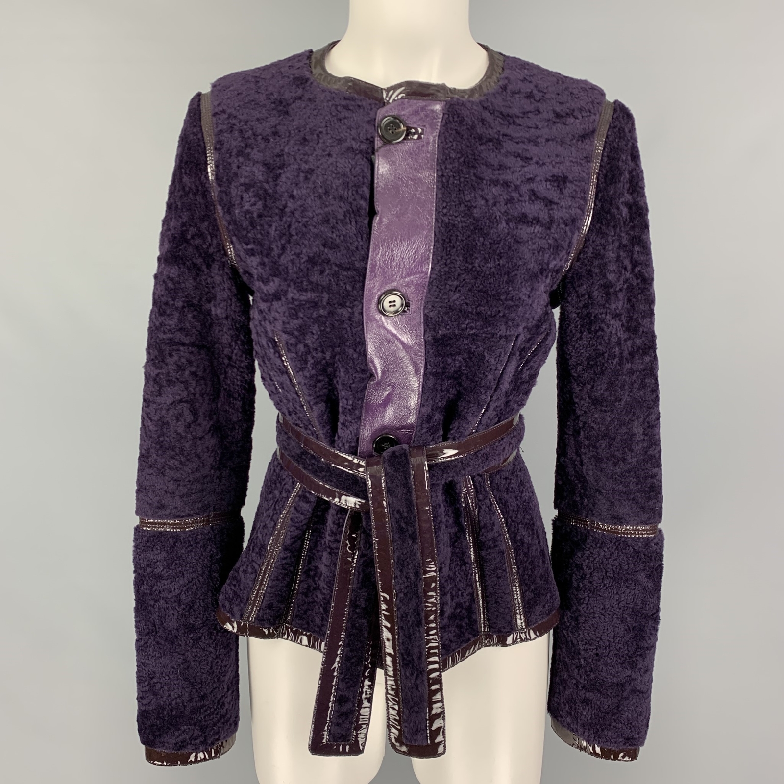 YVES SAINT LAURENT Misura 6 Viola Montone pelle Lucida Giacca Reversibile