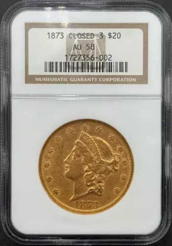 1873 $20 Gold Double Eagle Closed 3, NGC AU 58, Better Date Gold Coin
