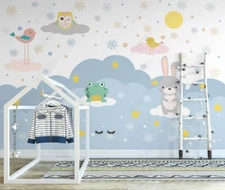 3D Animal Sun Cloud Cartoon Kids Self-adhesive Removeable Wallpaper Wall Mural