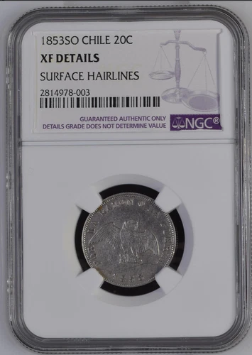 Chile, 20 Centavos 1853, Triple mintmark, rare error, NGC XF Details Silver coin