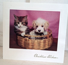Vintage Christmas 1950's Used Tabby Kitten Puppy Dog Greeting Card (EB8876)