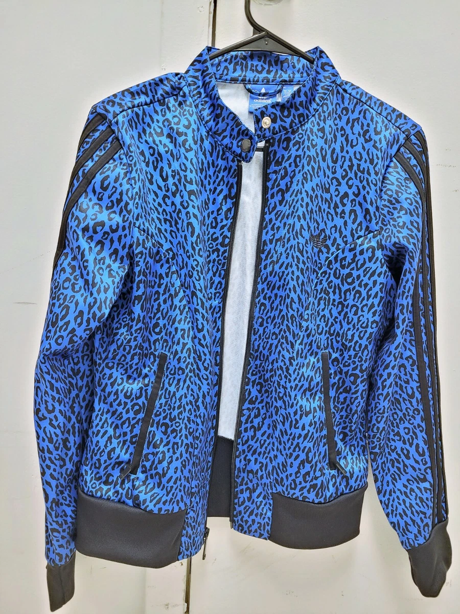 Adidas Ladies Supergirl Blue Leopard Print Trefoil Logo Track Jacket Sz M