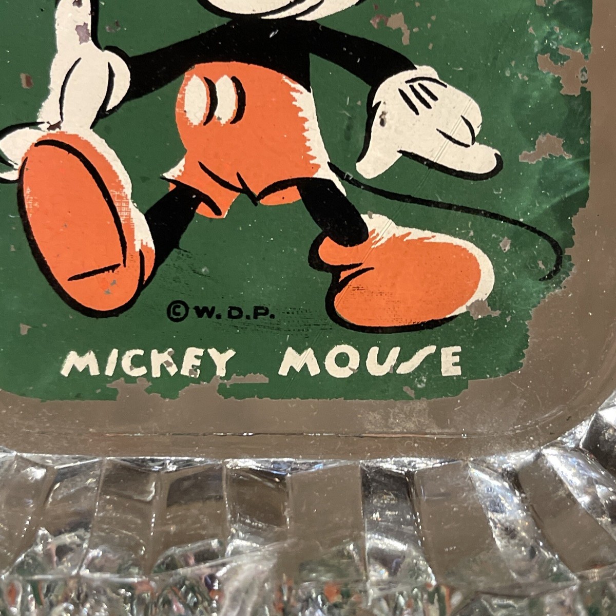 1930's MICKEY MOUSE GLASS PAINTED ASHTRAY WDP COPYRIGHT WALT