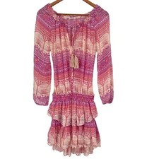 LoveShackFancy Pink Ruffle Tired Cinch Waist Ballon Sleeve Mini Silk Dress Sml