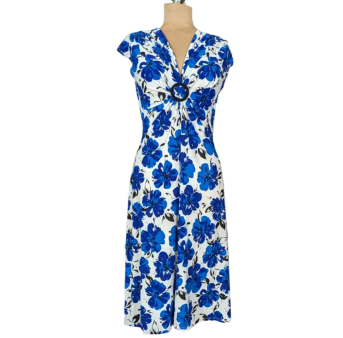 Evan Picone Sz 8 Cap Sleeve Floral Midi Dress Blue Black White Draping Stretch