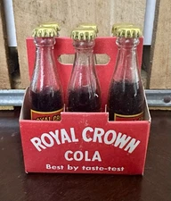 Vintage 6 Miniature Royal Crown Cola Bottles & Mini Six-Pack Case Carton - NICE