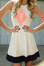 Anthropologie Sleeveless Dress Ivory Navy Coral Keyhole Back Size Medium