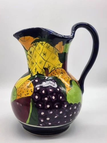 Mexican Pottery Pitcher With Colorful Fruit Design Sangria Pitcher 10" tall