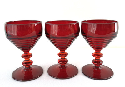 Set of 3  Paden City Glass Ruby Red Penny Line Footed Wine Glasses 4-5/8  tall
