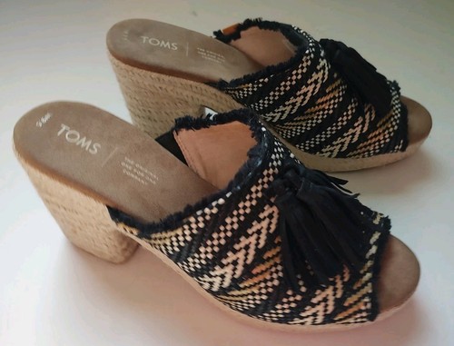 Toms Junie Black White Heels Mules Shoes Sandals Slides Espadrilles Raffia 9.5 - Picture 12 of 24