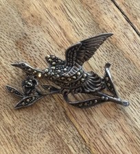Beautiful Old Brooch, Bird, Capercaillie, 925 Silver With Marcasite