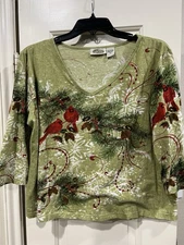 Collections Etc Cardinal Christmas Top M Green Sequins 100% Cotton