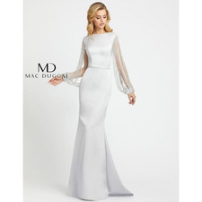 Mac Duggal Women's 20116 Bejeweled Illusion Sleeve Formal Gown Silver Size 8