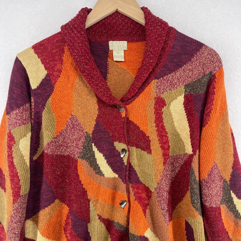 SIGRID OLSEN Sweater Womens PL Petite Colorblock Shawl Wool Blend Cardigan Red - Image 3 of 4