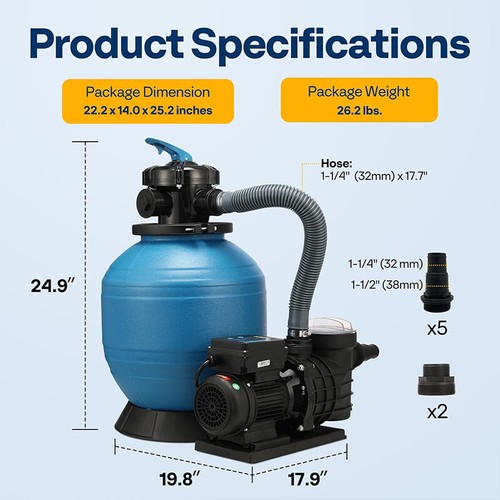 Sand Filter Above Ground w/ 1/2HP Pool Pump 2850GPH Flow 14" 6-Way Valve & Timer - Picture 7 of 7