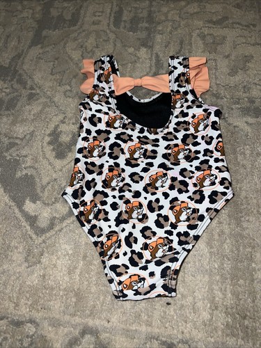 Girls Infant Buc-ee's Leopard One Piece Swimsuit Size 9-12 Months Ruffle Bow - Picture 2 of 4