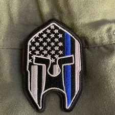 Subdued Thin Blue Line American Flag Spartan Helmet Patch, Law Enforcement
