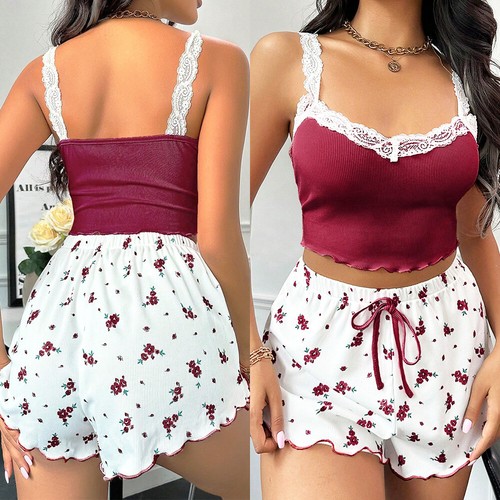 Women's Sexy Sleepwear Soft Lingerie Lace Crop Tank Top Shorts Lounge Pajama Set