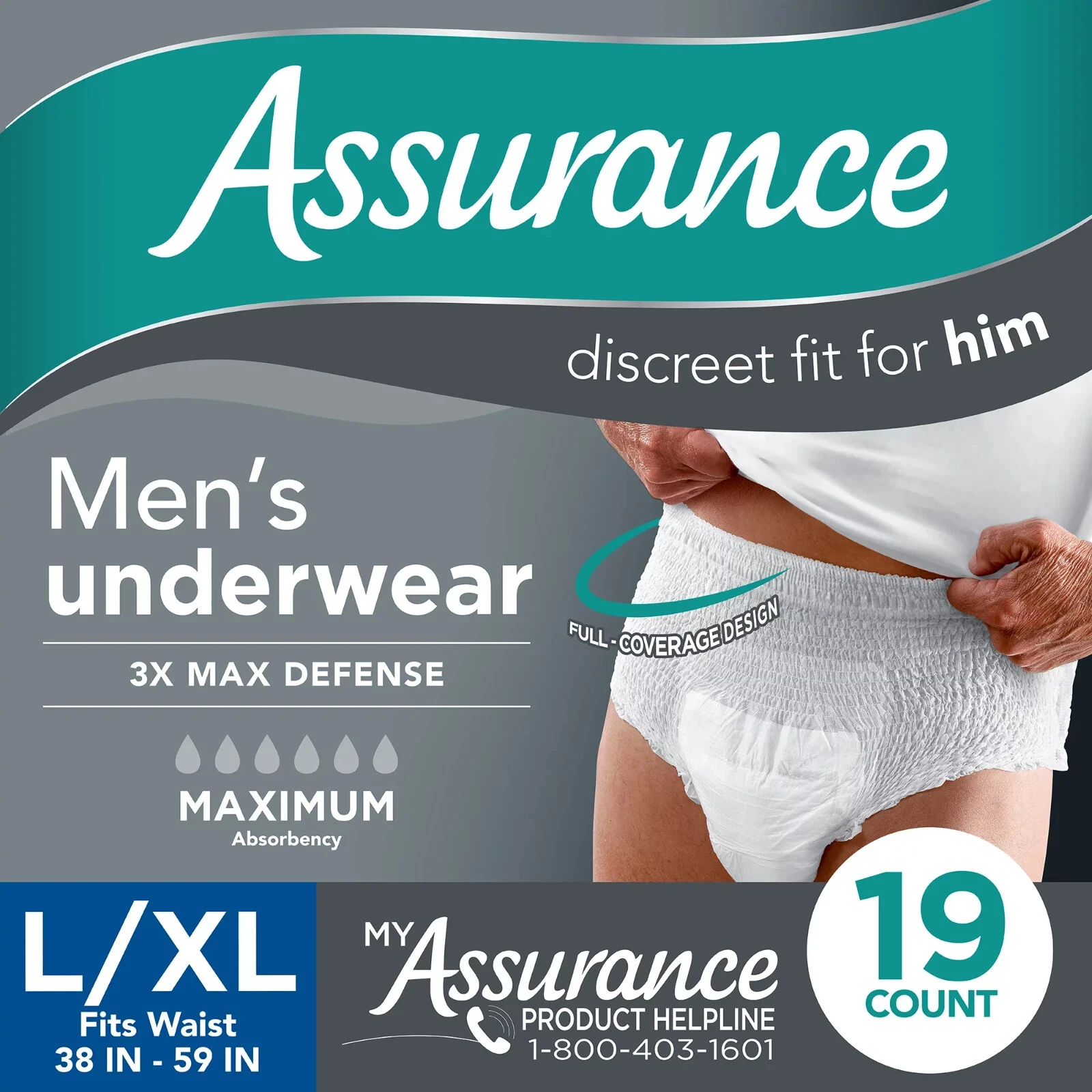 57 Count (3x 19ct) Assurance Men Incontinence Underwear Max Absorbency Size L/XL