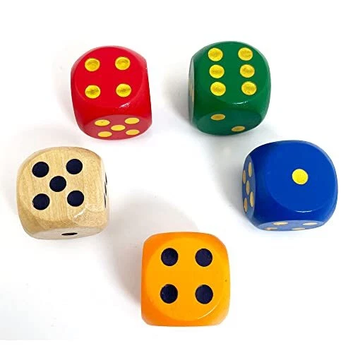  Set of 5 Random Color Large 1 1/5" Round Edge Wooden Dice (5 Colors with dots)  - Image 3 of 4