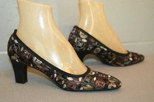 7.5 AAA Vtg 1960s Party Heels SHOE Embroidered Net Black FABRIC Vitality 7 1/2