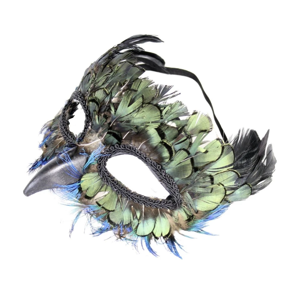 Elegant Peacock Bird Blue Faux Masquerade Halloween Costume Feather Eye Mask - Image 2 of 3