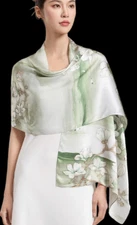 100% Silk mulberry Scarf Women neckerchief Shawl Wrap floral white green HD1-30