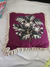 Fringed Vintage Handmade Needlepoint Pillow Floral with Glass Seed Beads READ!