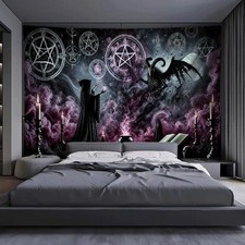 1pc Large Dark Ritual Gothic Wall Tapestry - Black Magic Occult Pentagram & Myst