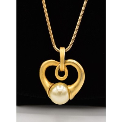 Express Vintage Heart Necklace Valentine Pendant Brushed Gold Pearl Signed Bin4A