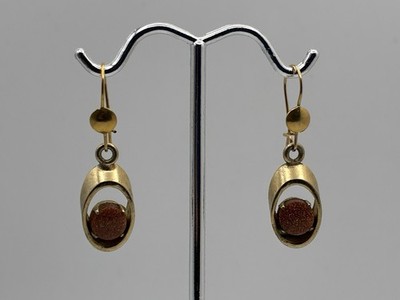 12k GF Goldstone Hook Pierced Earrings Dangle Drop VTG Oval Unique Formal
