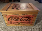 Vintage 1993 Coca- Cola Wooden Hinged Storage Chest Crate Box w/ 24 Checkers