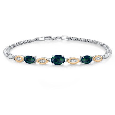 925 Silver and 10K Yellow Gold Simulated Green Opal and White Lab Grown Diamond