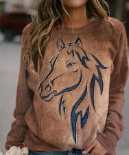 Horse Print Pullover Sweatshirt Thin Casual Long Sleeve Crew Neck Fall  Winter