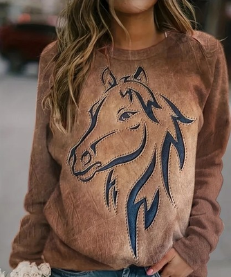 #ad Horse Print Pullover Sweatshirt Thin Casual Long Sleeve Crew Neck Fall amp; Winter $34.99