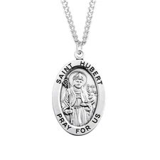 .925 Sterling Silver Patron Saint Hubert Oval Medal Pendant Necklace, 24" Chain
